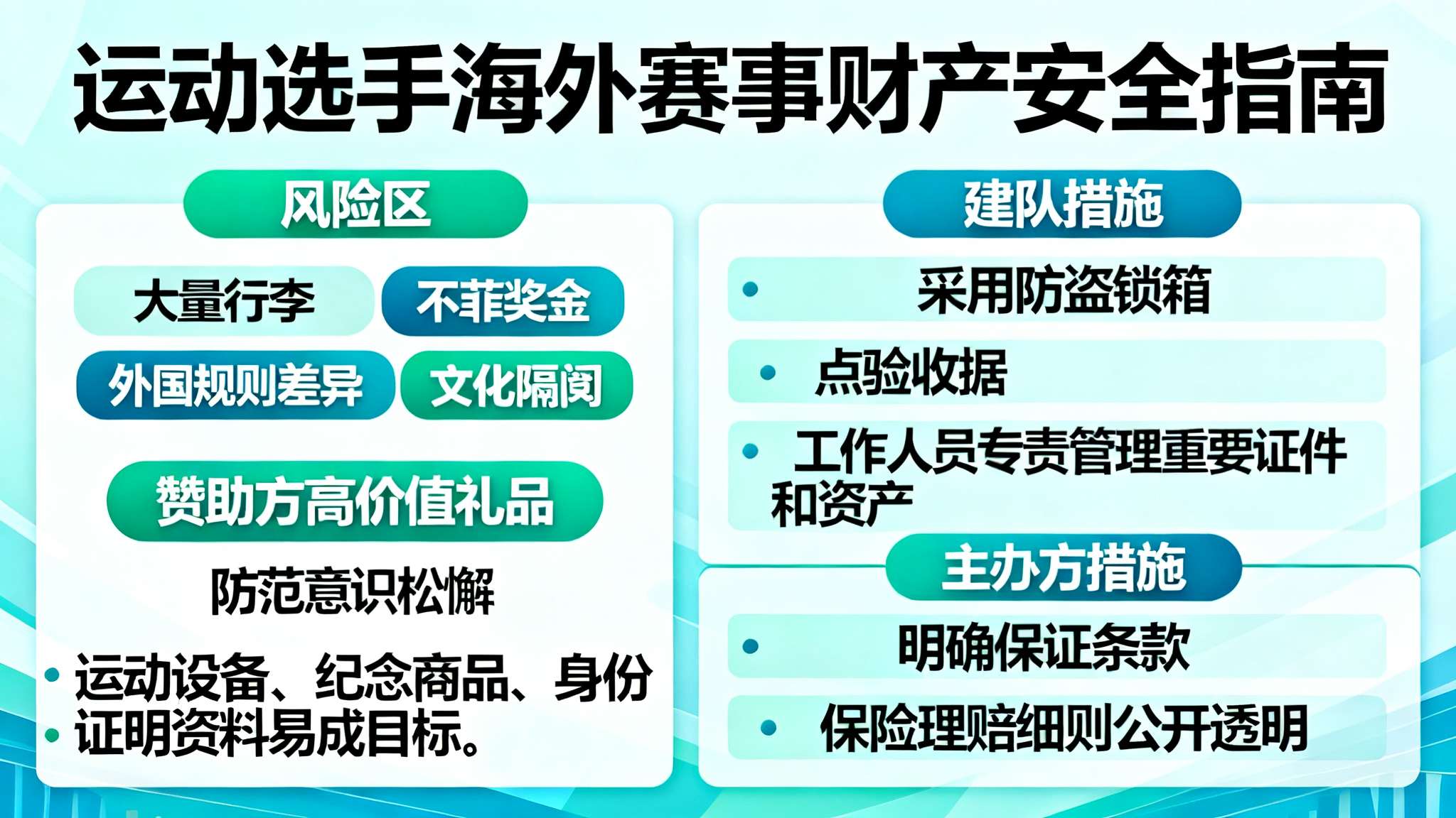 由于运动选手往往携带大量行李、不菲奖金以及赞助方赠送礼品价值极高，加之外国规则差